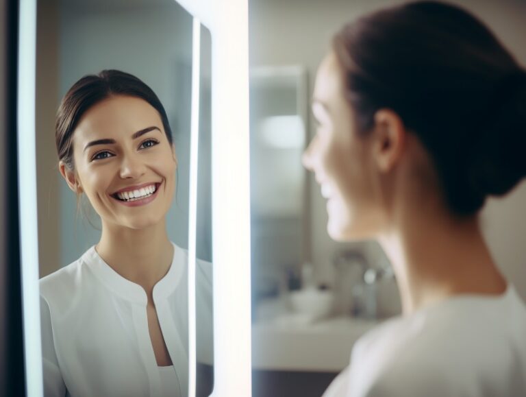 Young woman checking her smile in a mirror