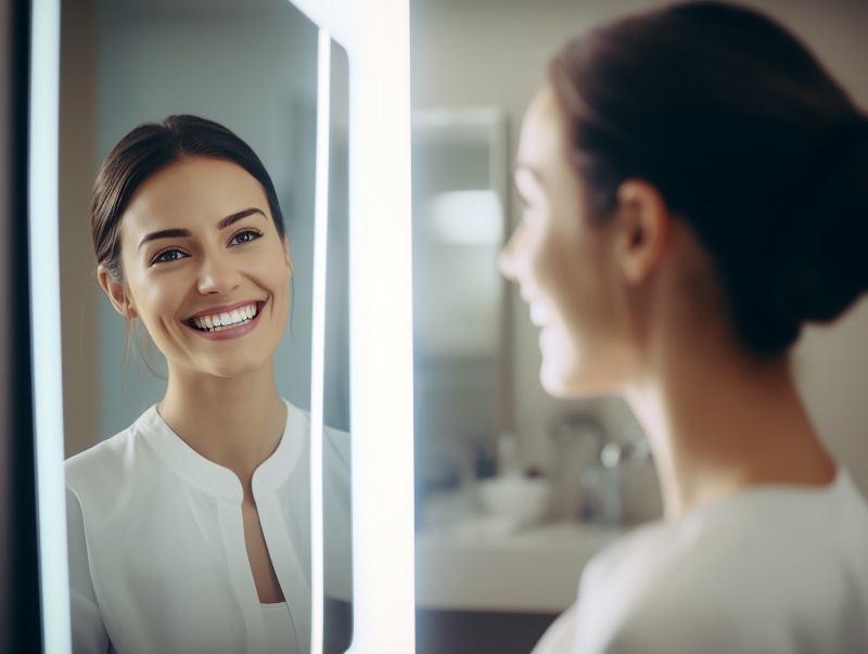 Young woman checking her smile in a mirror