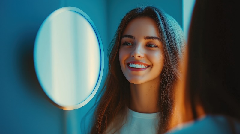 Young woman happily looking at her smile in a mirror